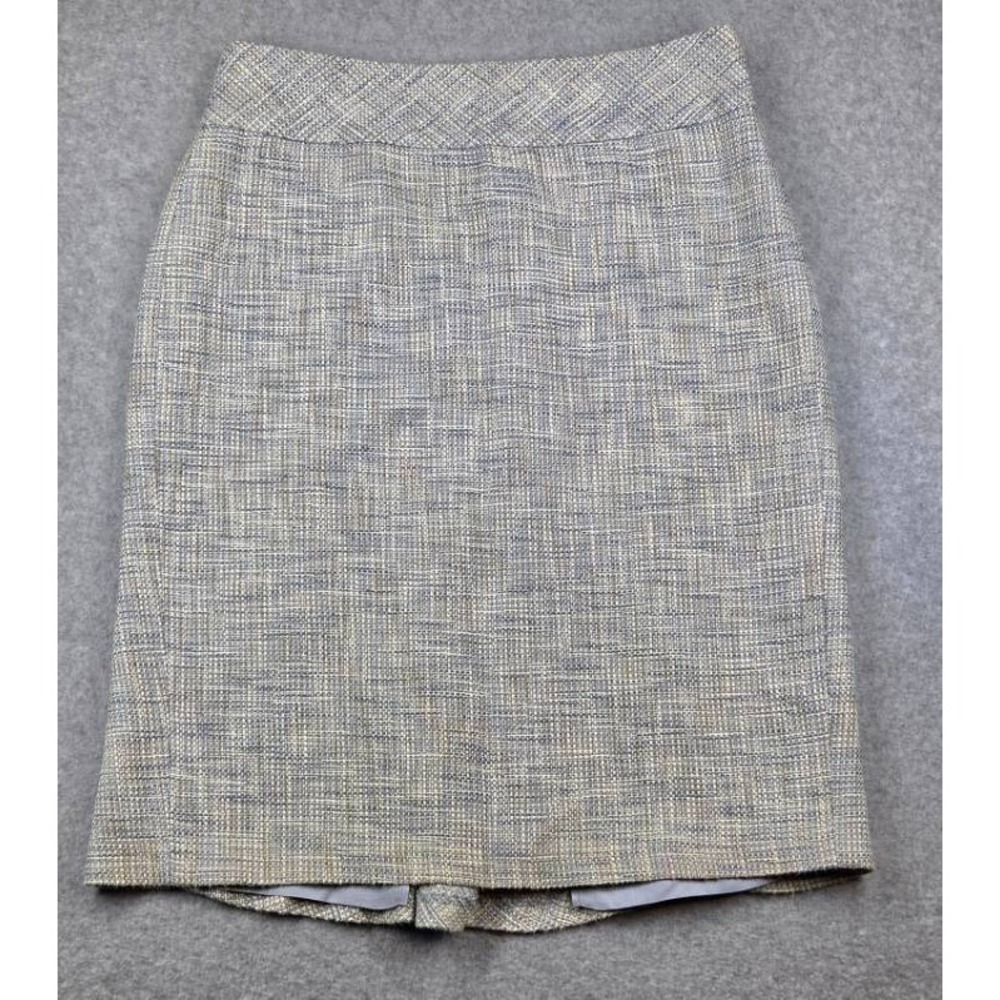 Ann Taylor Women Blue Tweed Cotton Linen Pencil Skirt Size 0 Godet Back Vent
